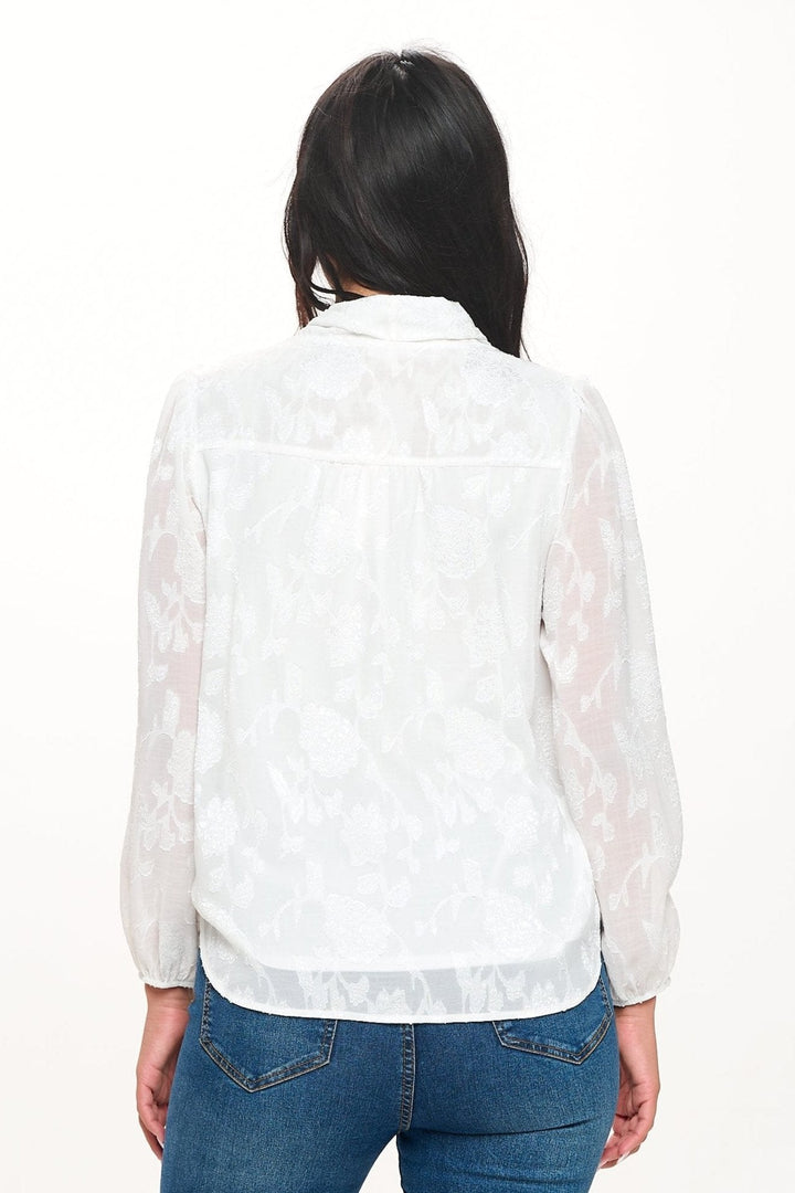 Image of West K Audrey Long Balloon Sleeve Scarf - Neck Jacquard Blouse White Floral Jacquard