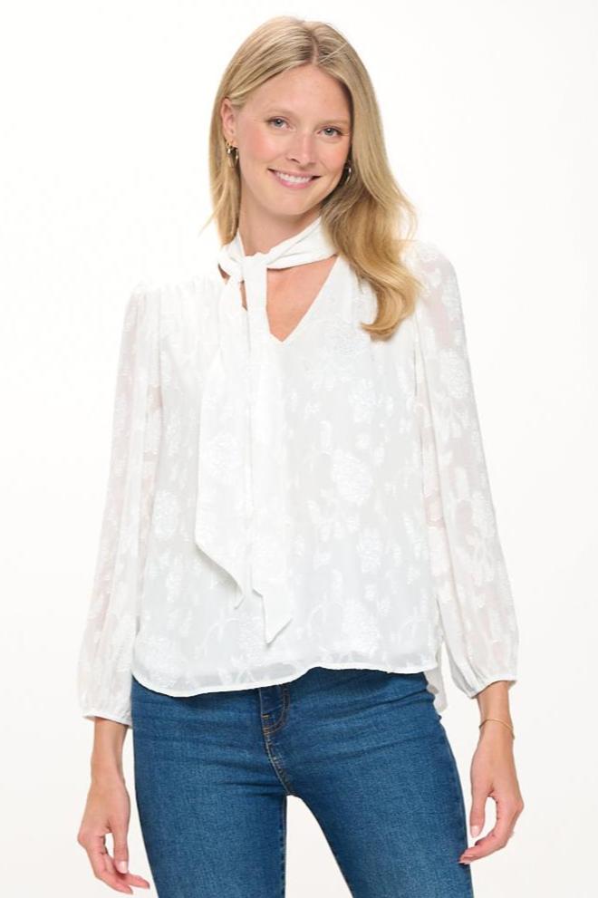 Image of West K Audrey Long Balloon Sleeve Scarf - Neck Jacquard Blouse White Floral Jacquard