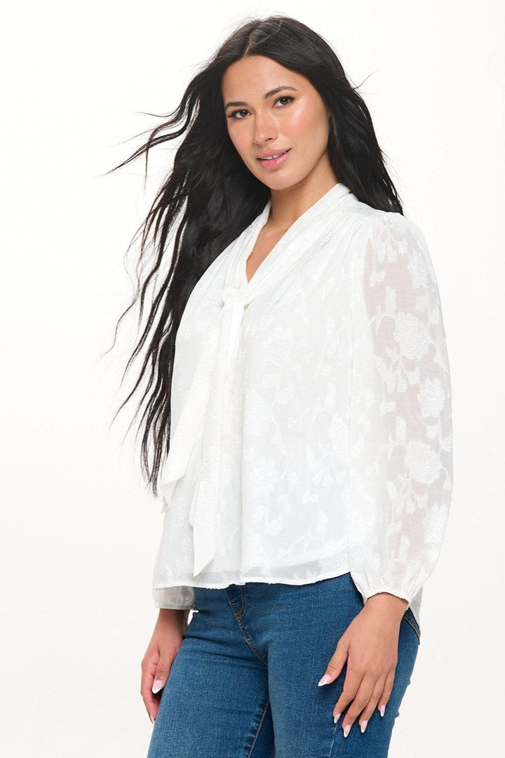 Image of West K Audrey Long Balloon Sleeve Scarf - Neck Jacquard Blouse White Floral Jacquard