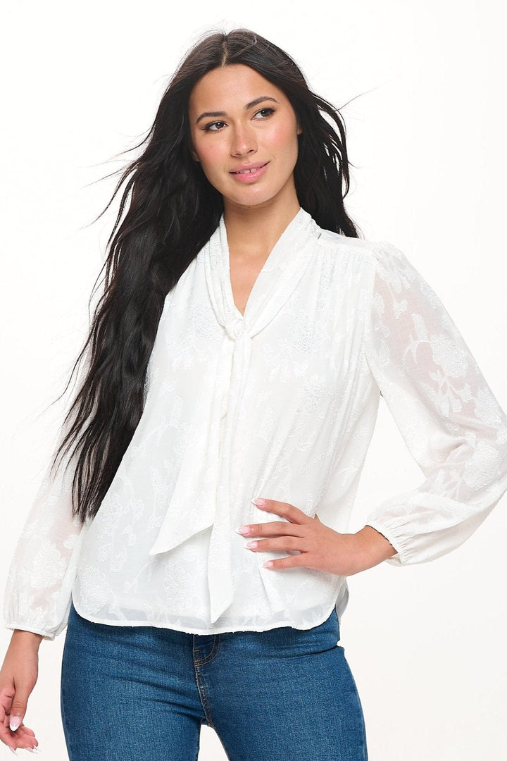 Image of West K Audrey Long Balloon Sleeve Scarf - Neck Jacquard Blouse White Floral Jacquard