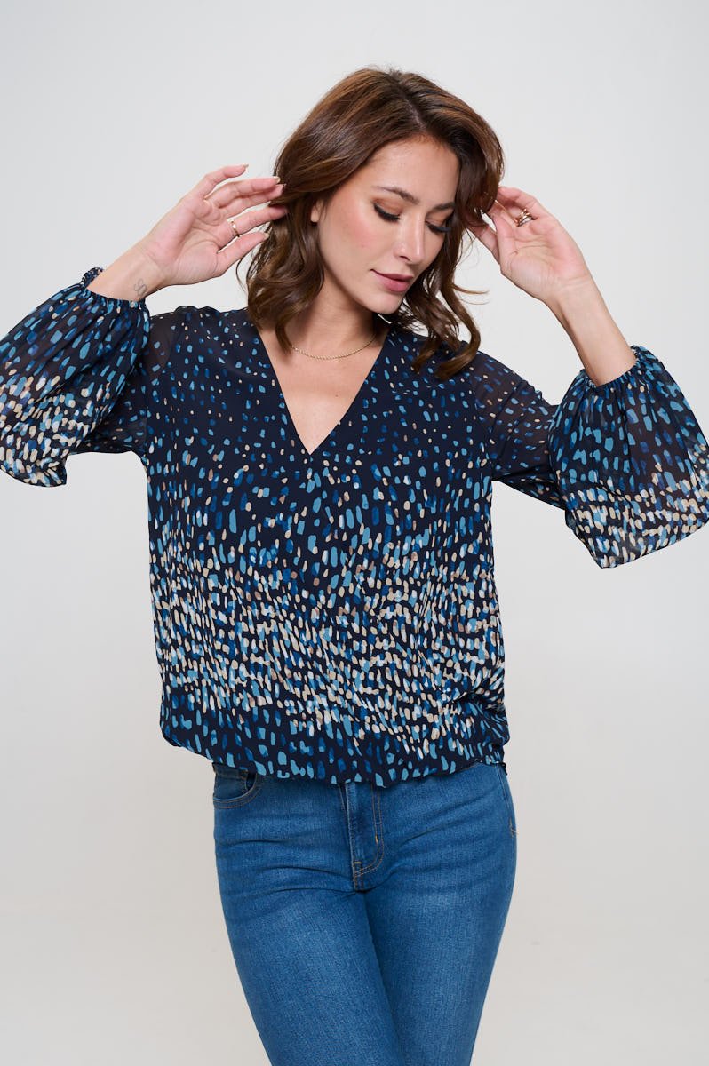 Image of West K Ava Long Sleeve Surplice High - Low Hem Top Navy Multi