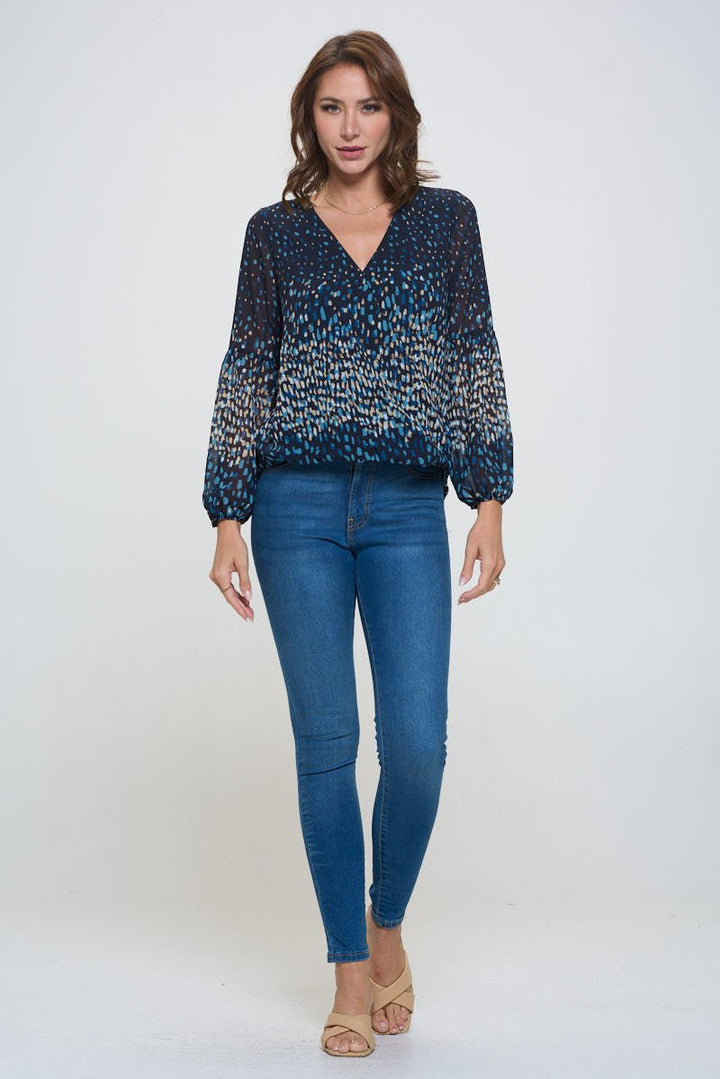 Image of West K Ava Long Sleeve Surplice High - Low Hem Top Navy Multi