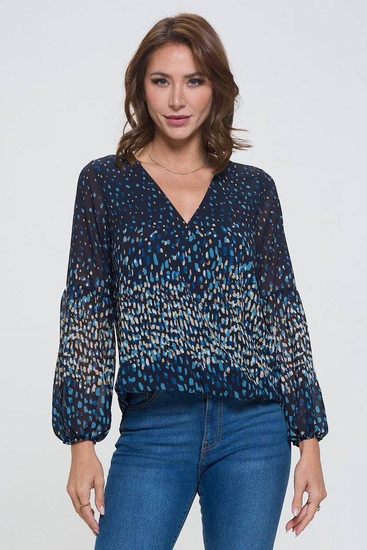 Image of West K Ava Long Sleeve Surplice High - Low Hem Top Navy Multi