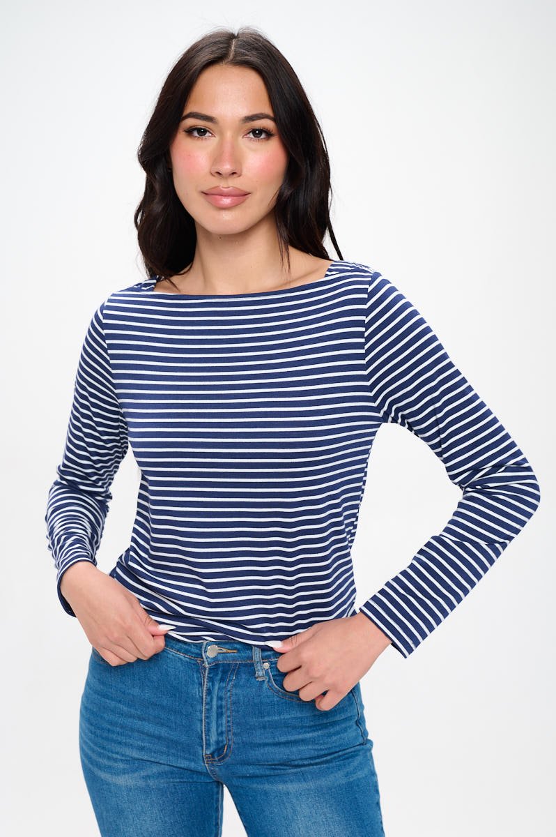 Image of West K Aya Long Sleeve Boat Neck Stripe Top Navy White Stripe