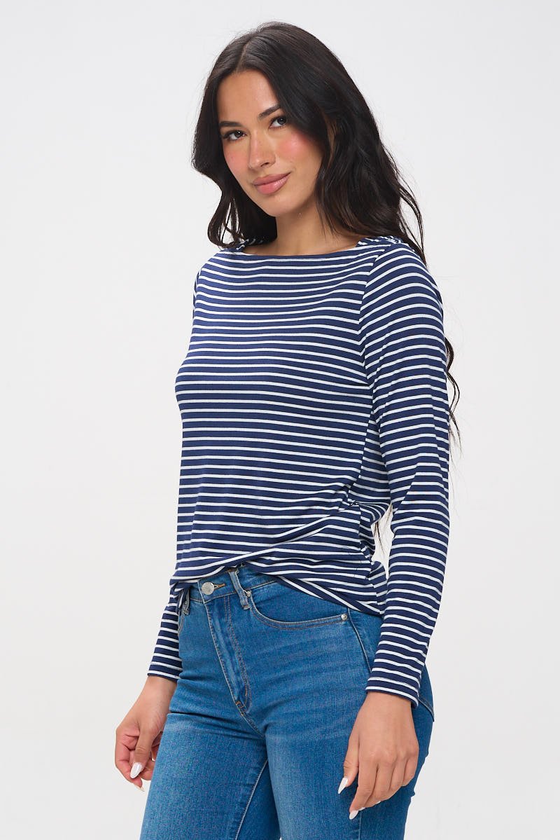 Image of West K Aya Long Sleeve Boat Neck Stripe Top Navy White Stripe