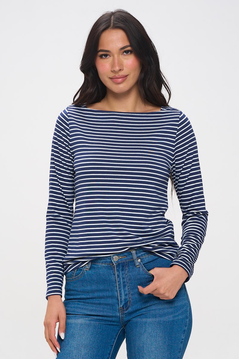 Image of West K Aya Long Sleeve Boat Neck Stripe Top Navy White Stripe