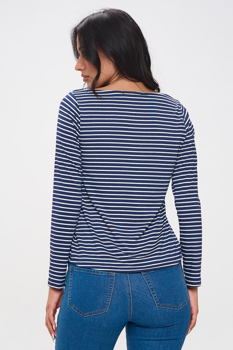 Image of West K Aya Long Sleeve Boat Neck Stripe Top Navy White Stripe