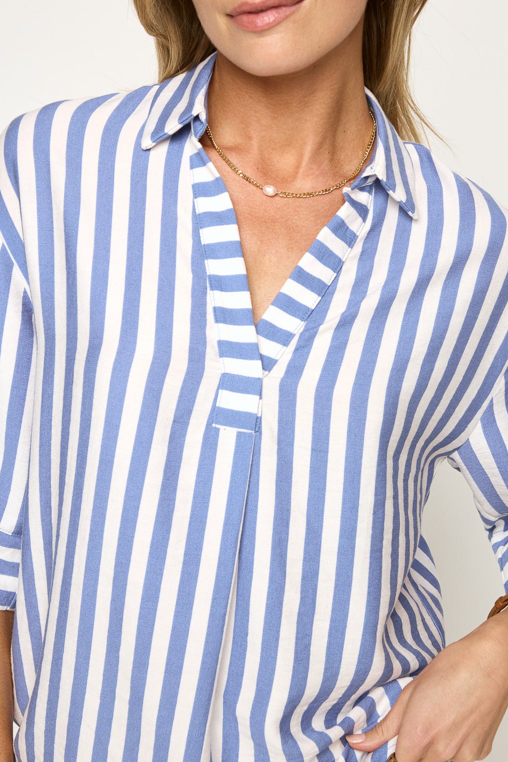 Image of West K Azura 3/4 Sleeve V - Neck Shirt Blue Stripe