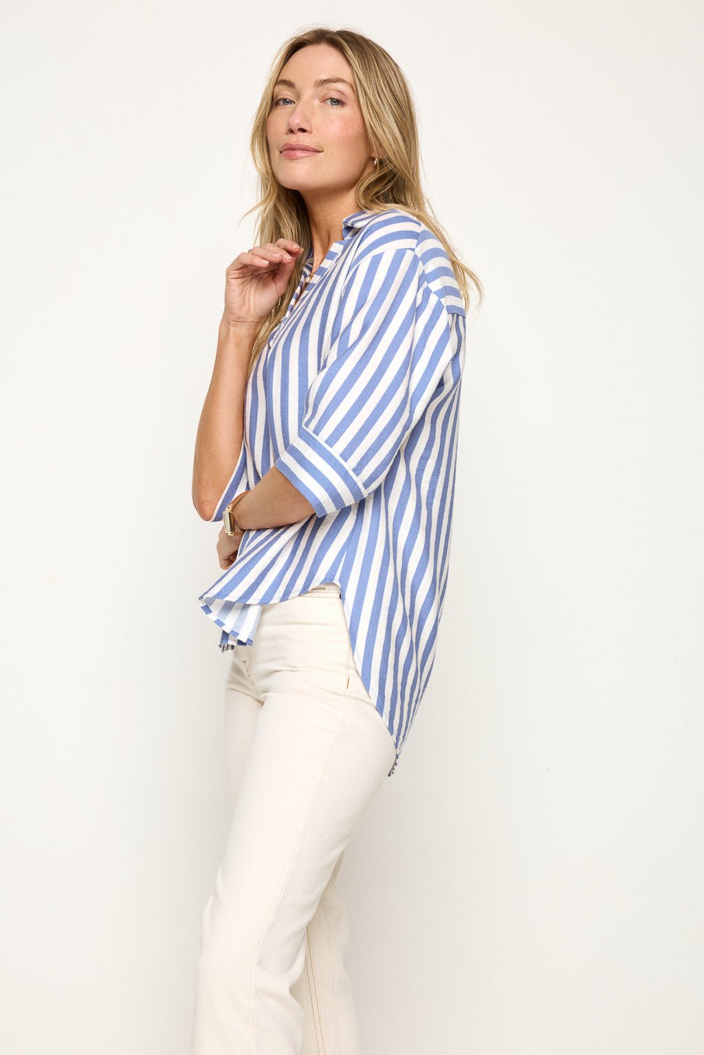 Image of West K Azura 3/4 Sleeve V - Neck Shirt Blue Stripe