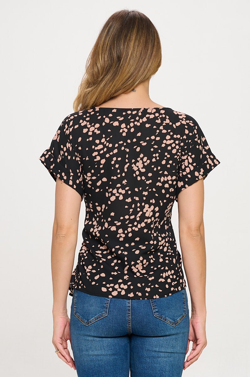 Image of West K Bailey Tie Front Dolman Blouse Blk Tan Non - Print