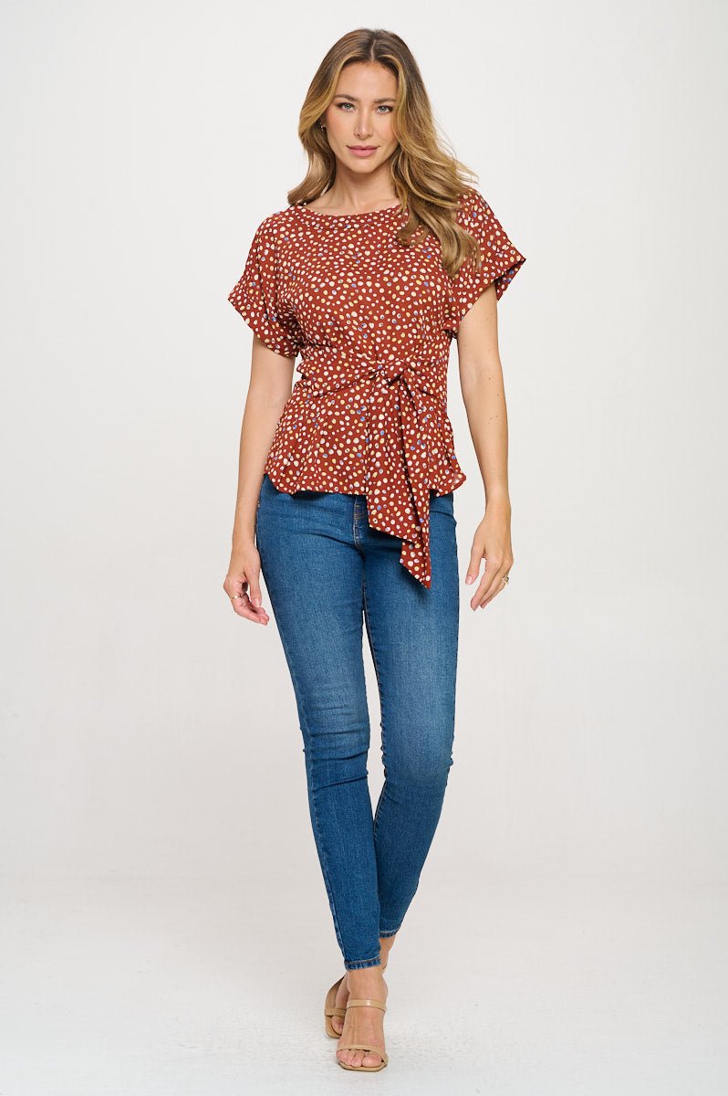 Image of West K Bailey Tie Front Dolman Blouse Orange Dots