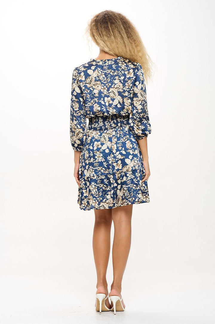 Image of West K Bea Printed Three Quarter Sleeve Smocked Dress Blue Floral