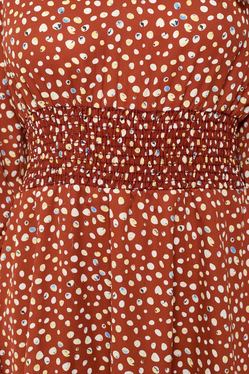 Image of West K Bea Printed Three Quarter Sleeve Smocked Dress Burnt Orange Dot Print