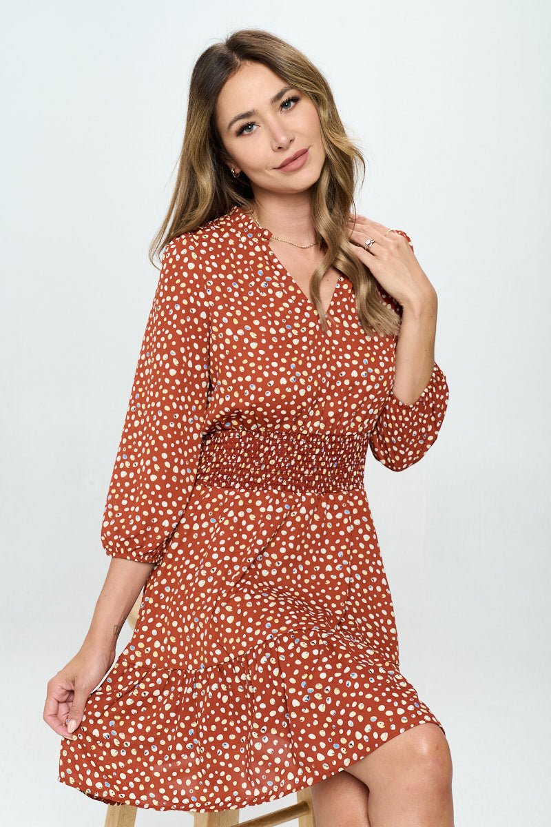 Image of West K Bea Printed Three Quarter Sleeve Smocked Dress Burnt Orange Dot Print