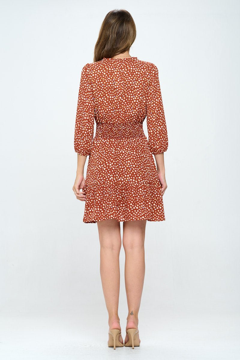 Image of West K Bea Printed Three Quarter Sleeve Smocked Dress Burnt Orange Dot Print