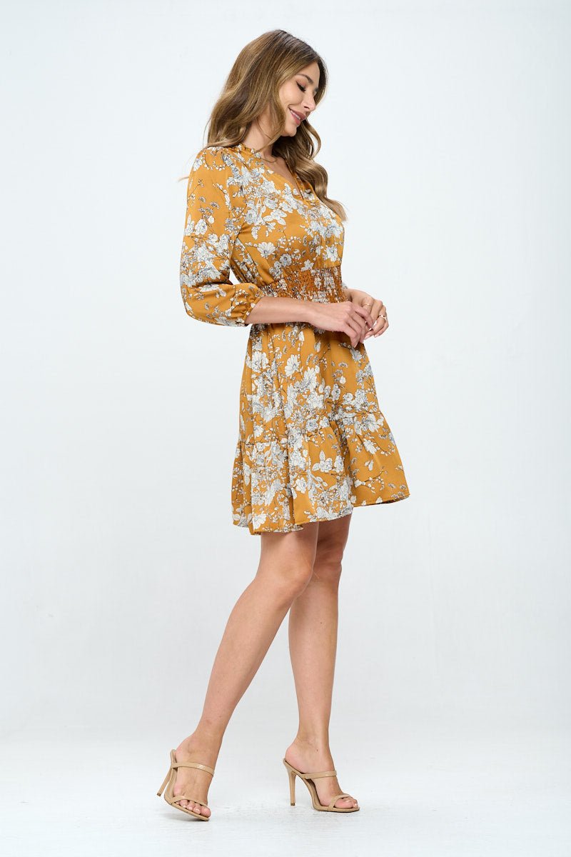 Image of West K Bea Printed Three Quarter Sleeve Smocked Dress Gold Floral Print