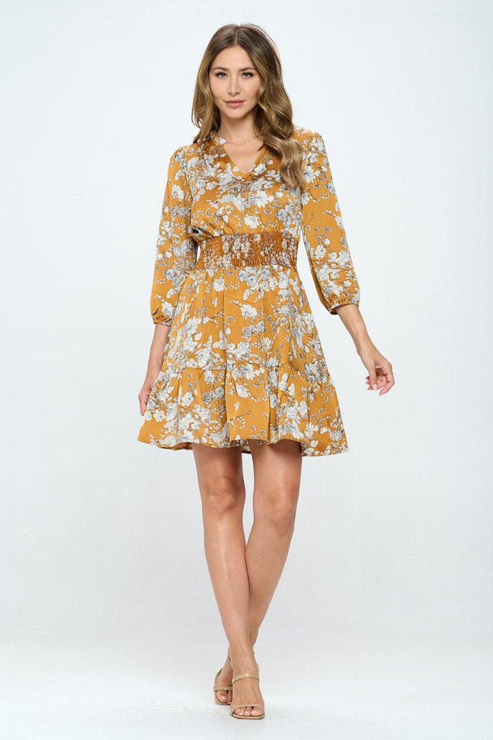 Image of West K Bea Printed Three Quarter Sleeve Smocked Dress Gold Floral Print