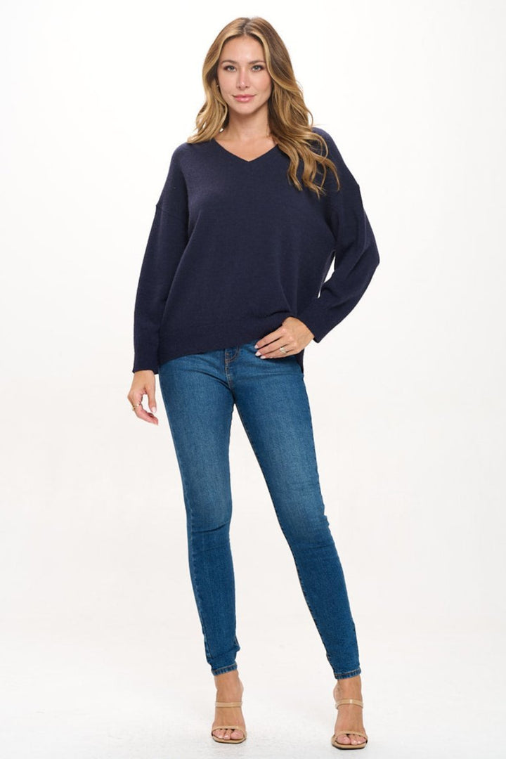 Image of West K Beatrice Long Sleeve Oversize V - Neck Sweater Deep Navy