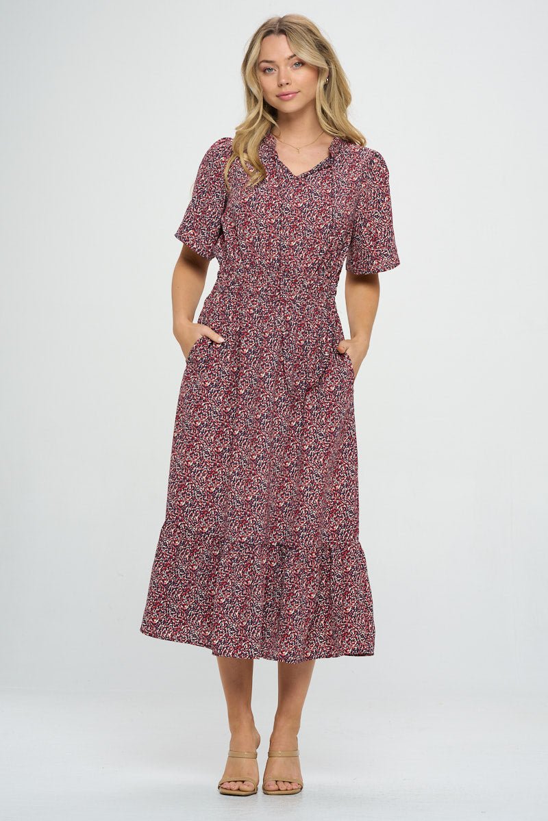 Image of West K Bethany Smocked Waist Tiered Midi Dress Wine Non Print