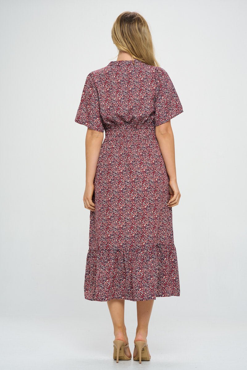 Image of West K Bethany Smocked Waist Tiered Midi Dress Wine Non Print