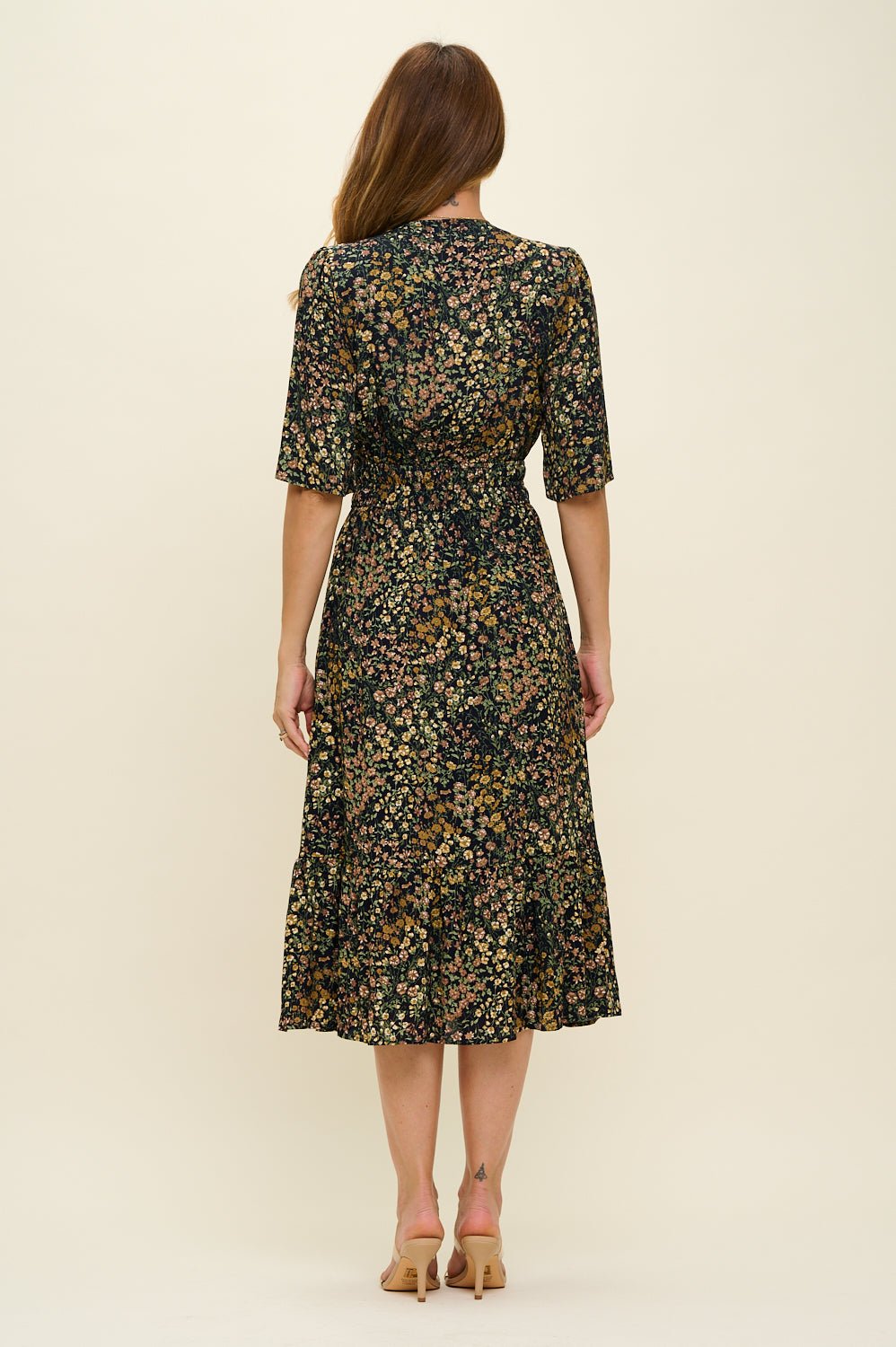 Image of West K Bethany Smocked Waist Tiered Midi Dress Wine Non Print