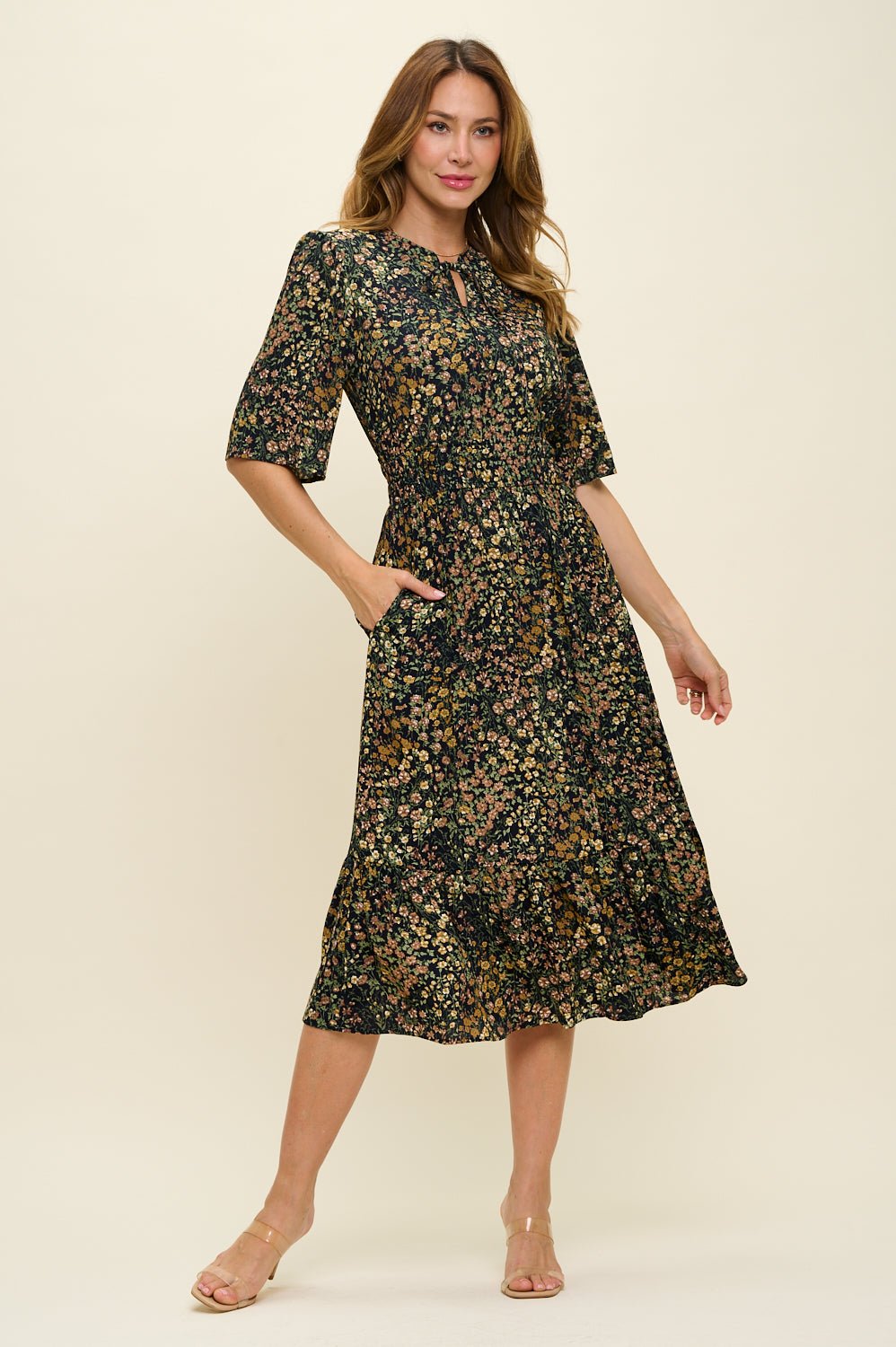 Image of West K Bethany Smocked Waist Tiered Midi Dress Wine Non Print