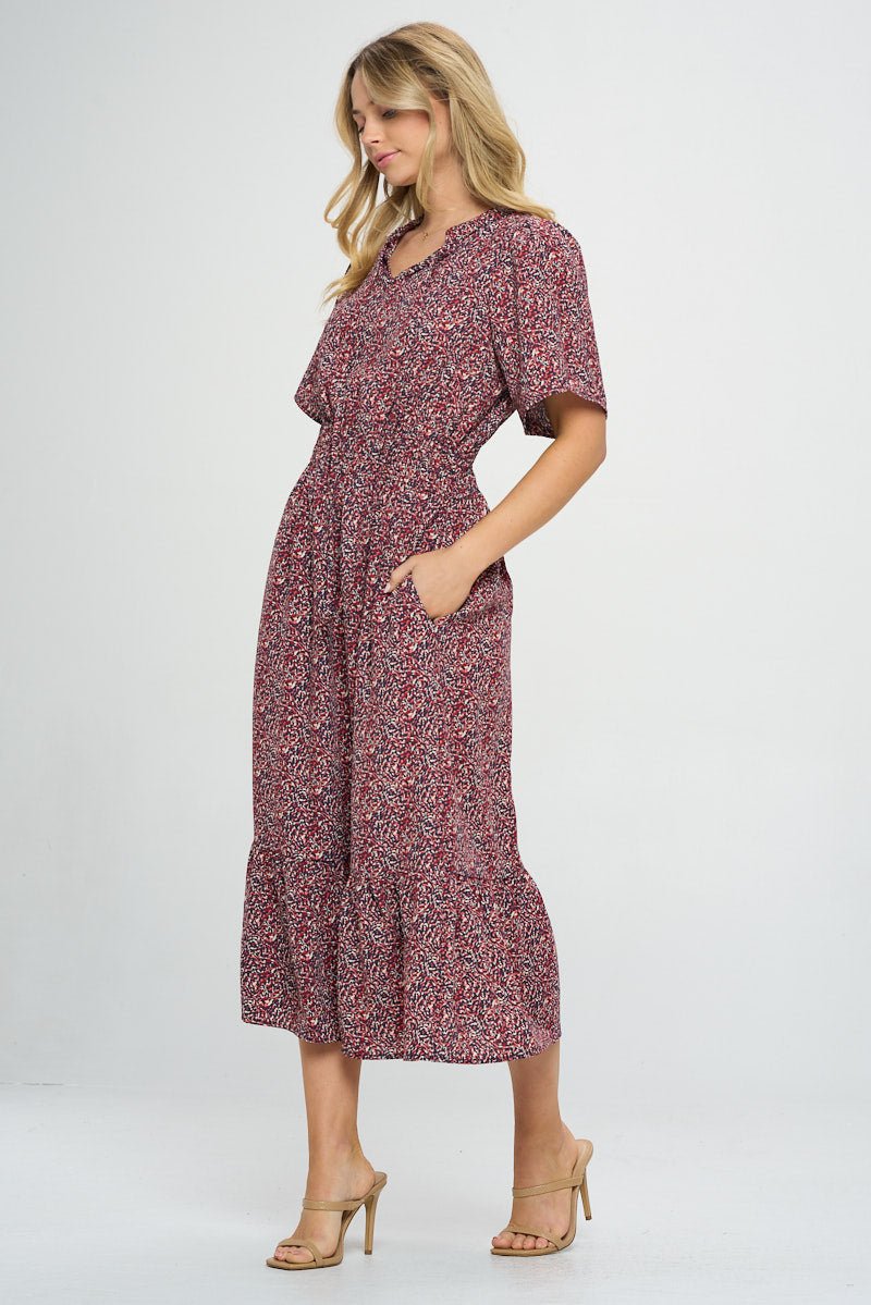 Image of West K Bethany Smocked Waist Tiered Midi Dress Wine Non Print