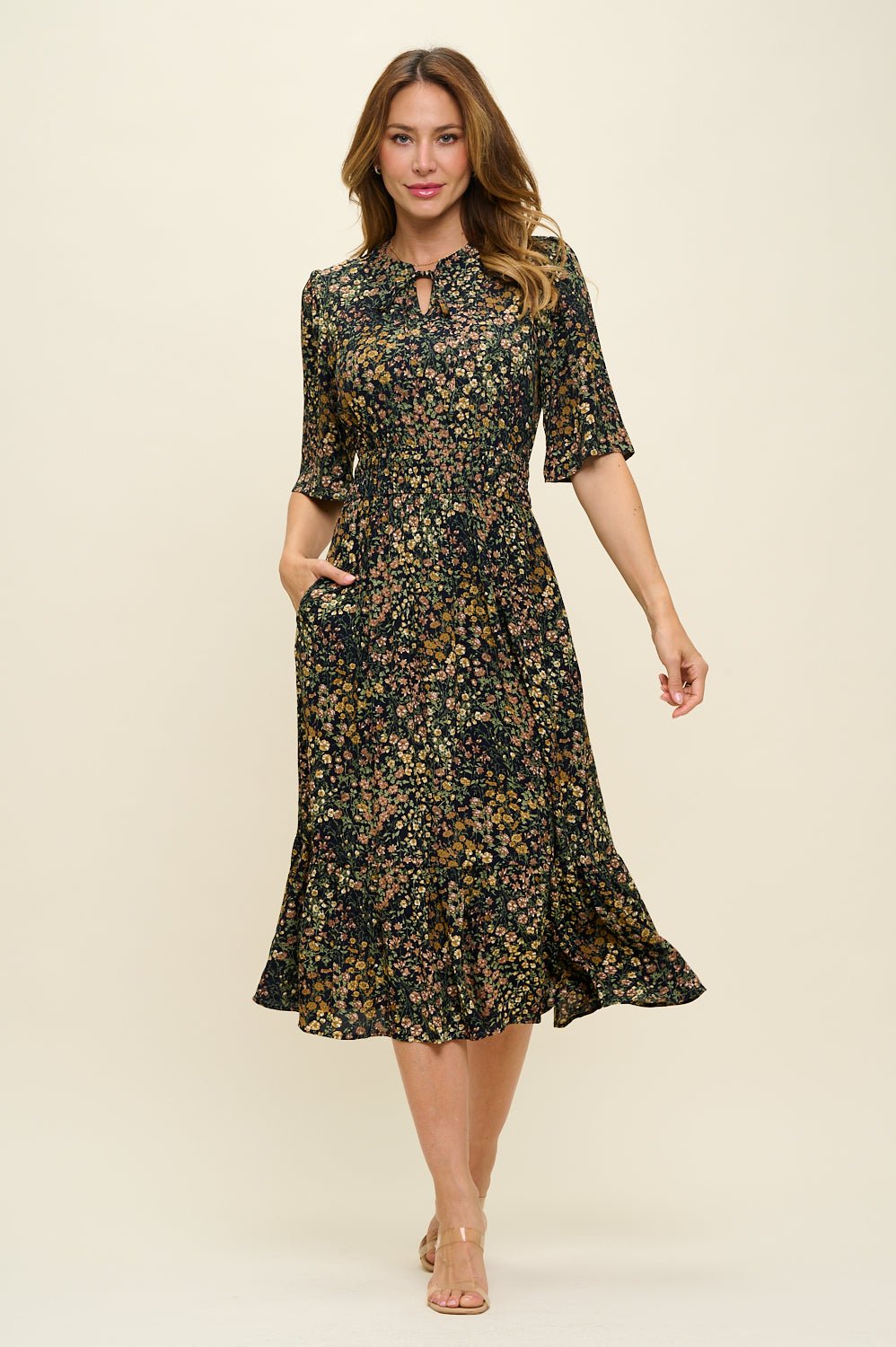 Image of West K Bethany Smocked Waist Tiered Midi Dress Wine Non Print
