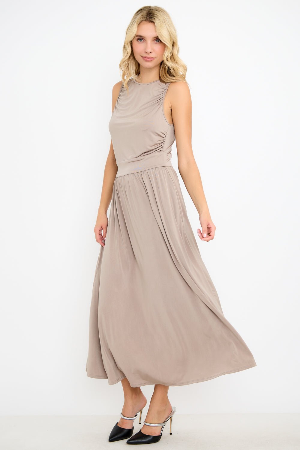 Image of West K Bettina Sleeveless Ruched Shoulder Maxi Dress Taupe