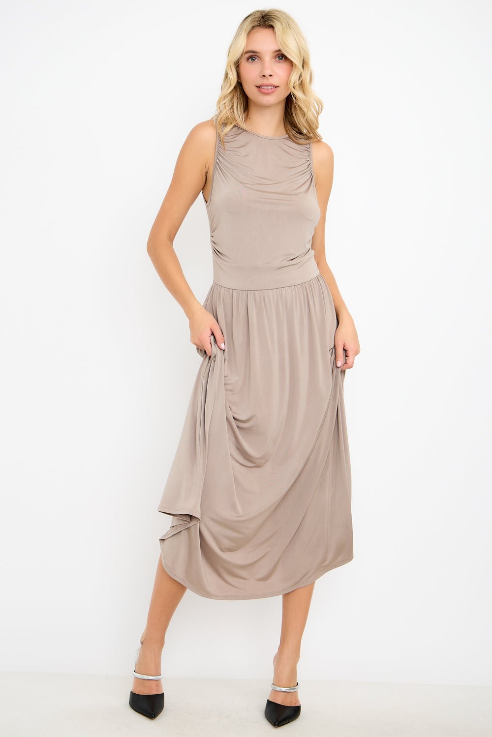 Image of West K Bettina Sleeveless Ruched Shoulder Maxi Dress Taupe