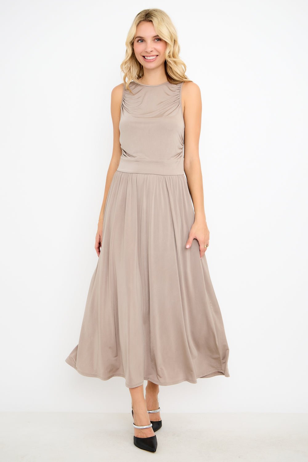 Image of West K Bettina Sleeveless Ruched Shoulder Maxi Dress Taupe