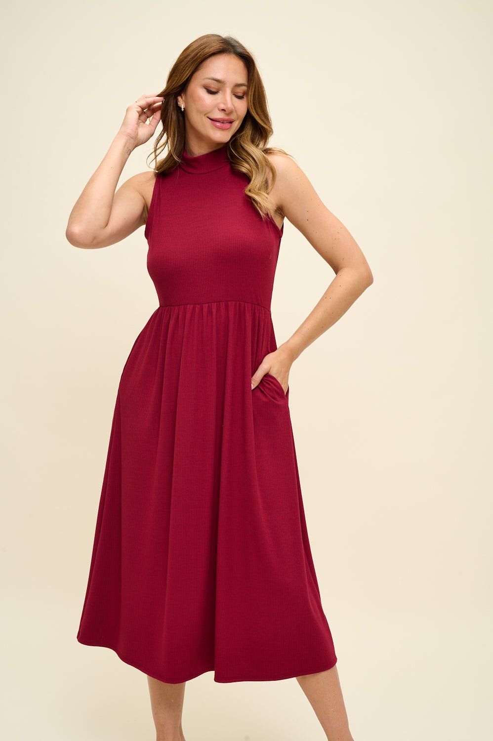 Image of West K Bianca Mock Neck Ribbed Dress Wine