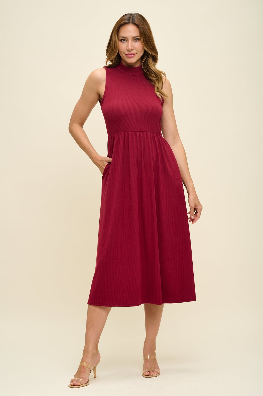 Image of West K Bianca Mock Neck Ribbed Dress Wine