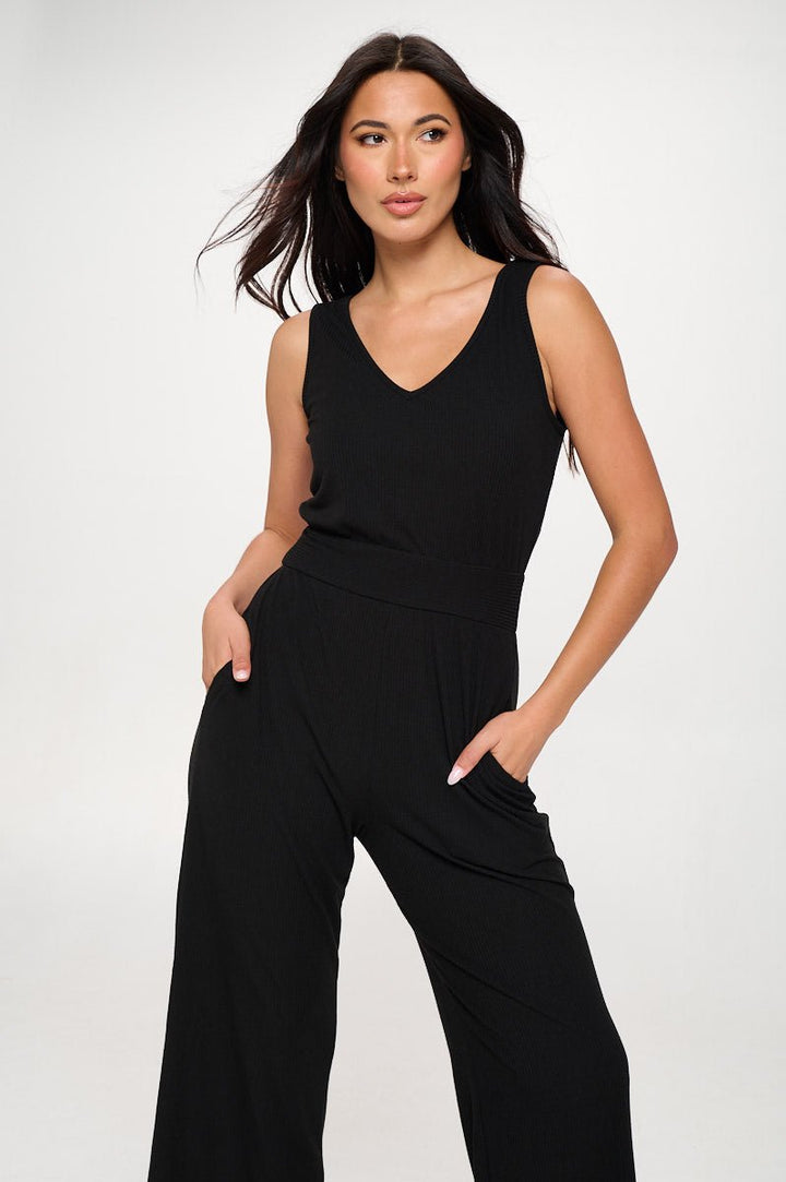 Image of West K Brooklyn Ribbed V - Neck Tank Jumpsuit Black