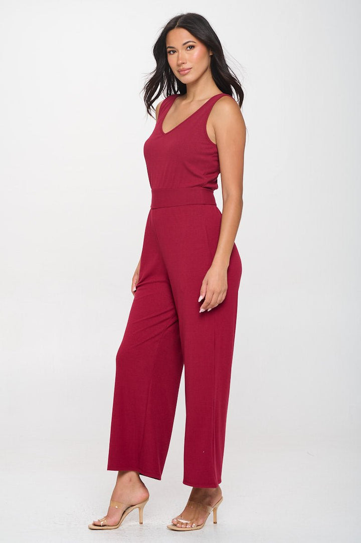 Image of West K Brooklyn Ribbed V - Neck Tank Jumpsuit Wine