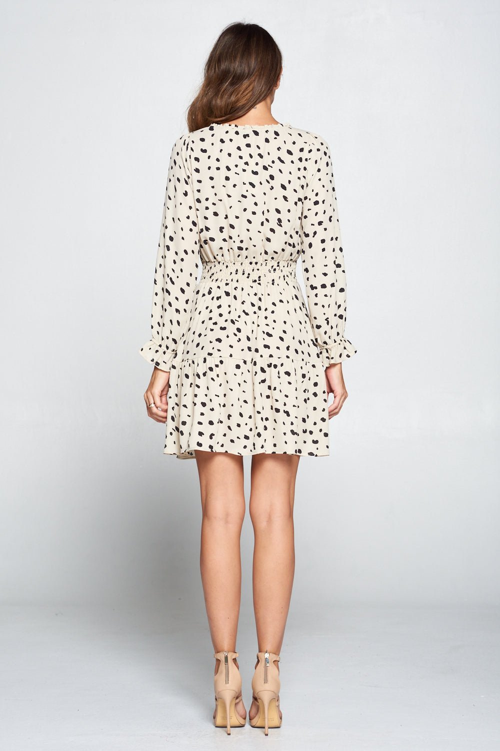 Image of West K Brynn Printed Long Sleeve Smocked Waist Tiered Dress Ivory Dot