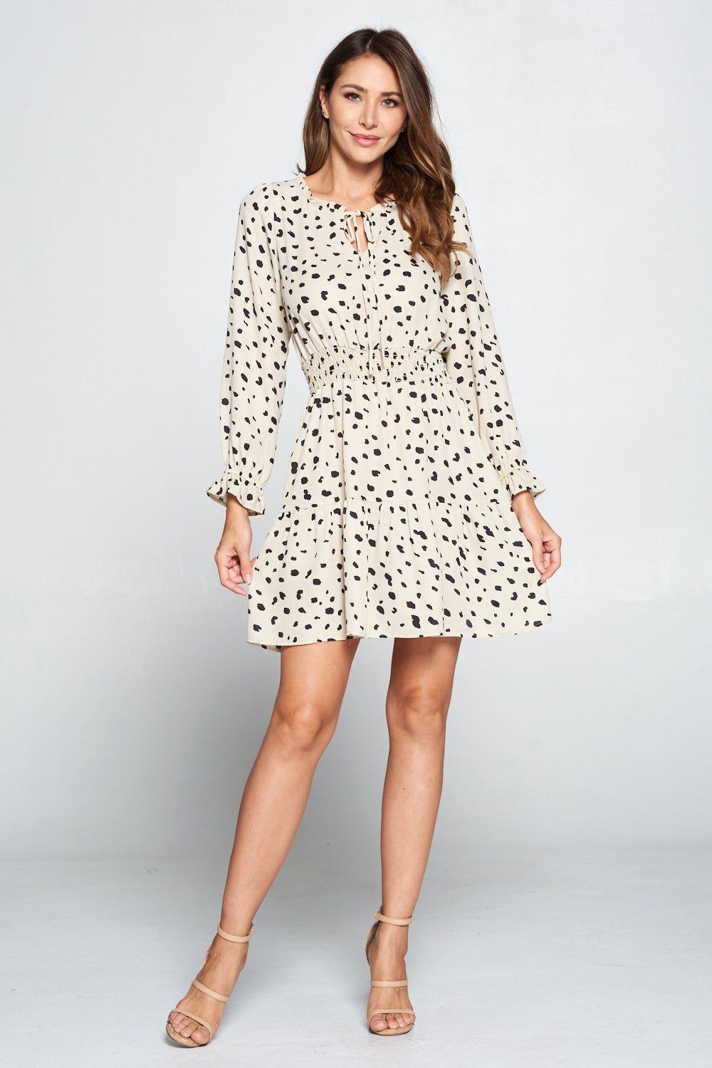 Image of West K Brynn Printed Long Sleeve Smocked Waist Tiered Dress Ivory Dot