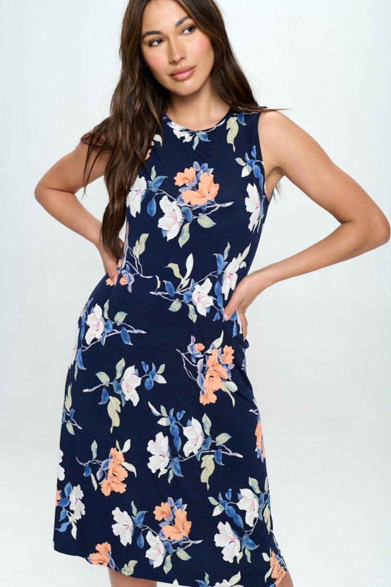 Image of West K Camila Sleeveless Knee Length Dress Navy Orange Floral