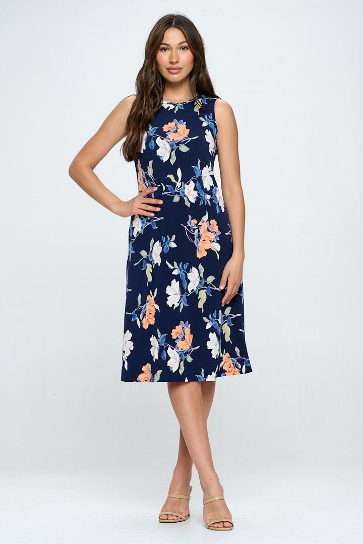 Image of West K Camila Sleeveless Knee Length Dress Navy Orange Floral