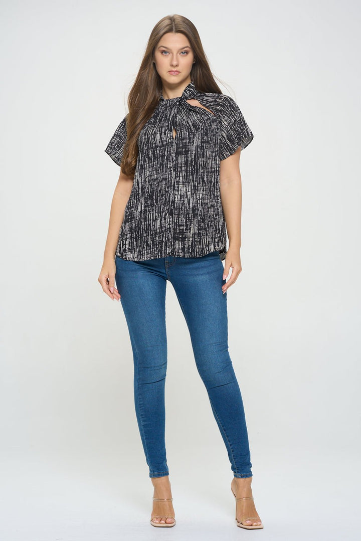 Image of West K Camilla Flutter Sleeve Woven Top With Neck Cutouts Black White