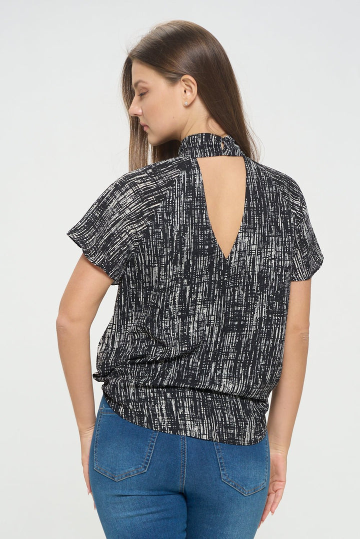 Image of West K Camilla Flutter Sleeve Woven Top With Neck Cutouts Black White