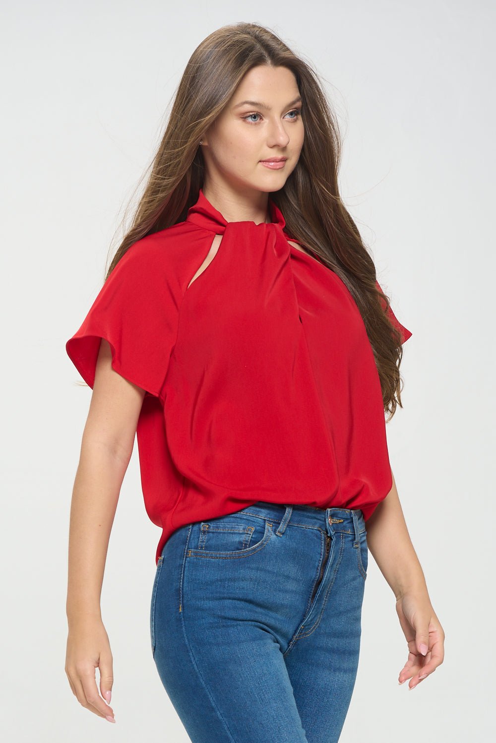 Image of West K Camilla Flutter Sleeve Woven Top With Neck Cutouts Red