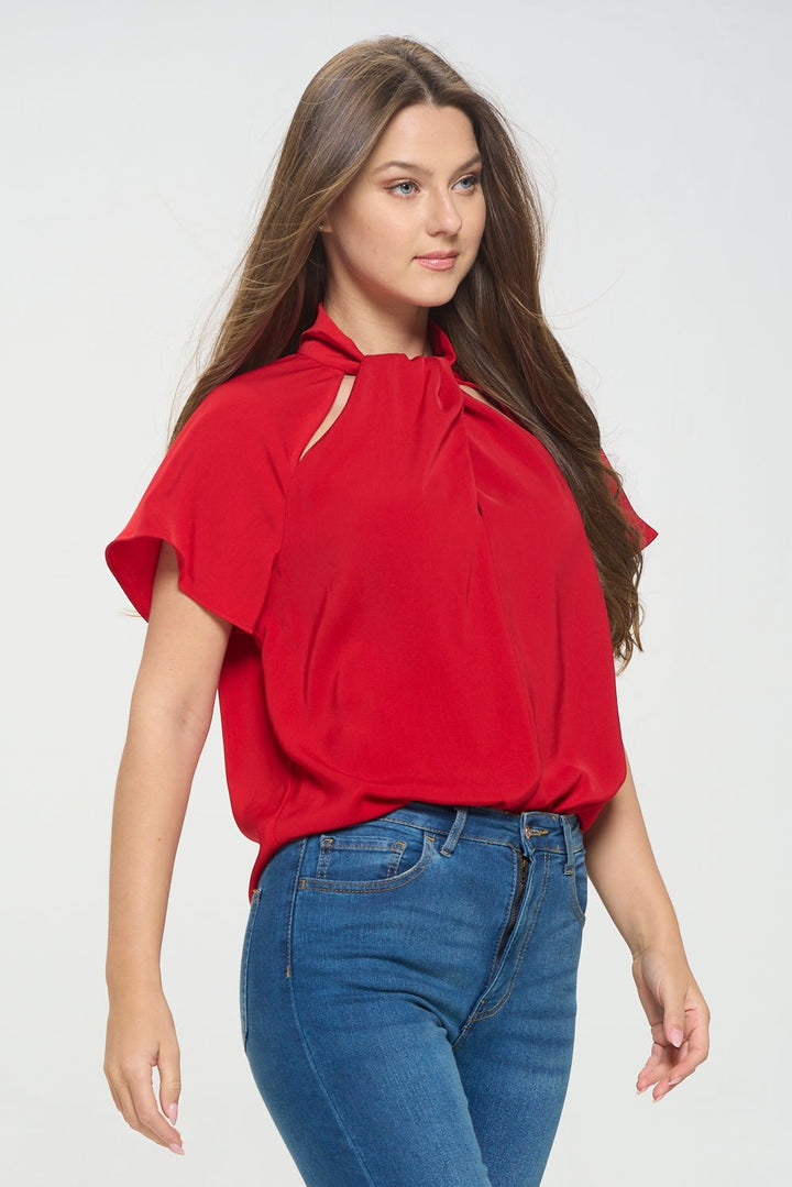 Image of West K Camilla Flutter Sleeve Woven Top With Neck Cutouts Red