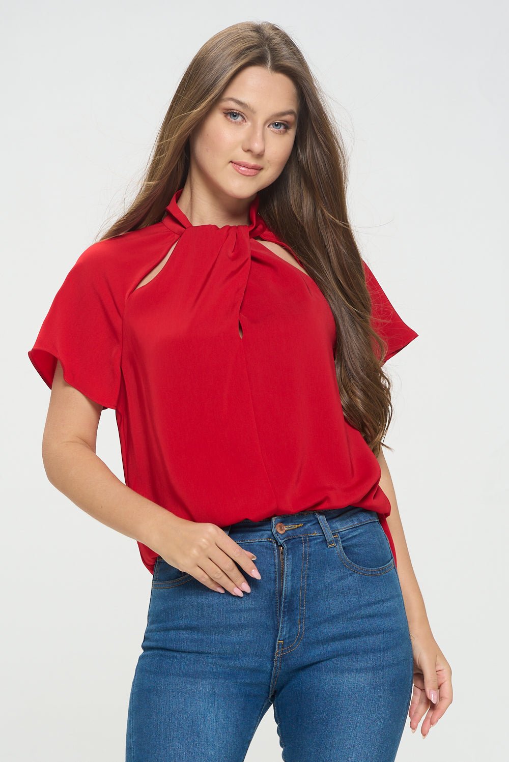 Image of West K Camilla Flutter Sleeve Woven Top With Neck Cutouts Red