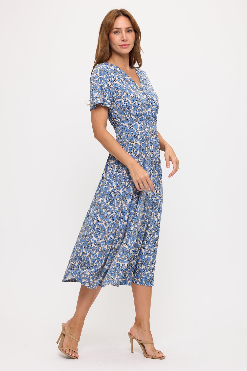 Image of West K Candace Flutter Sleeve Faux - Wrap Midi Dress Blue Daisy