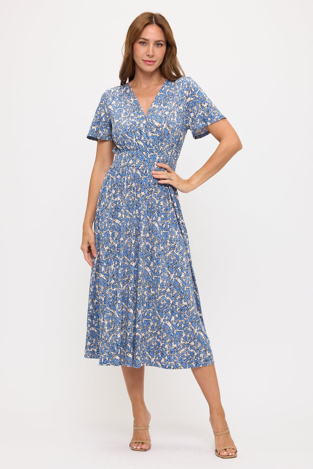 Image of West K Candace Flutter Sleeve Faux - Wrap Midi Dress Blue Daisy