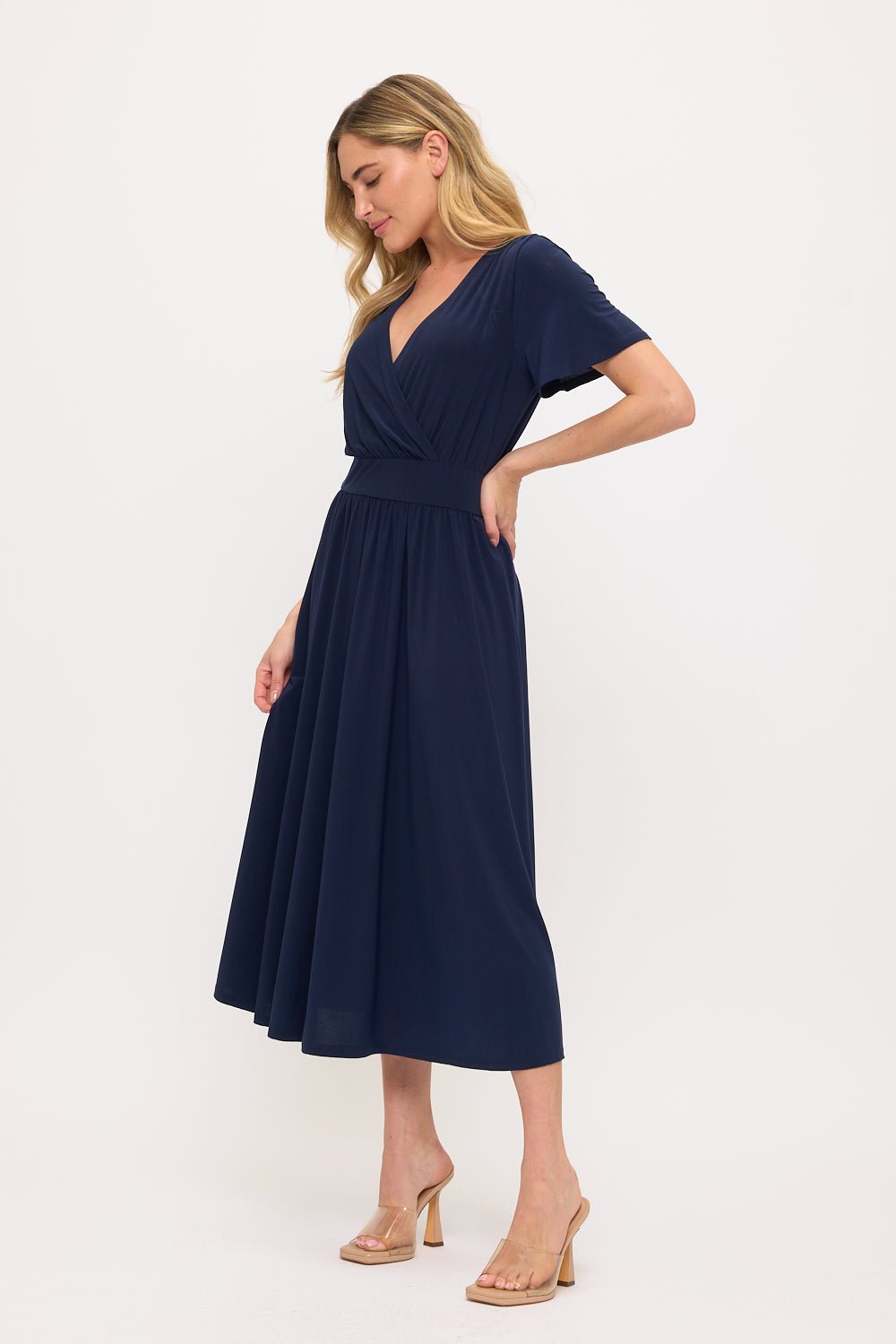 Image of West K Candace Flutter Sleeve Faux - Wrap Midi Dress Navy