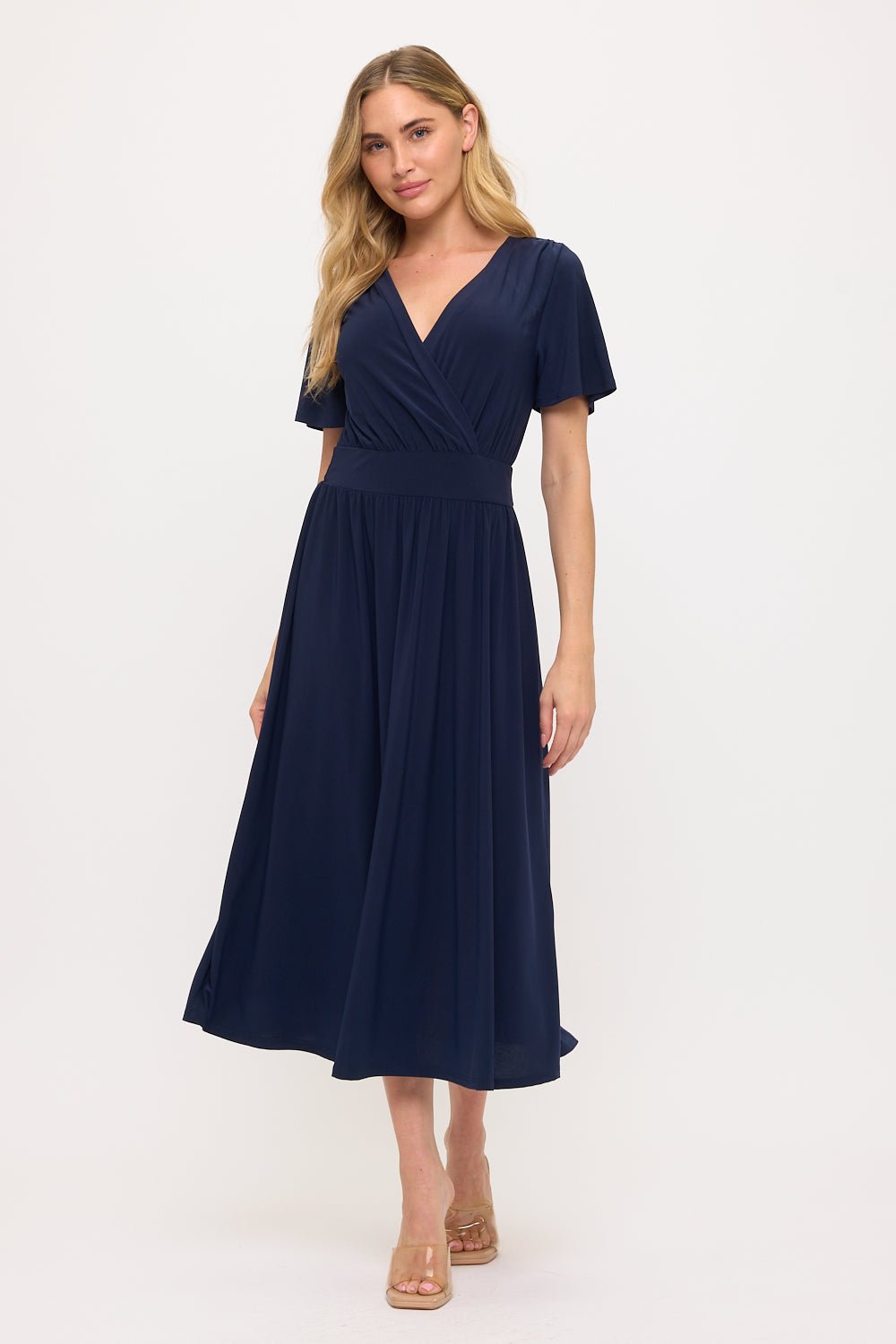 Image of West K Candace Flutter Sleeve Faux - Wrap Midi Dress Navy