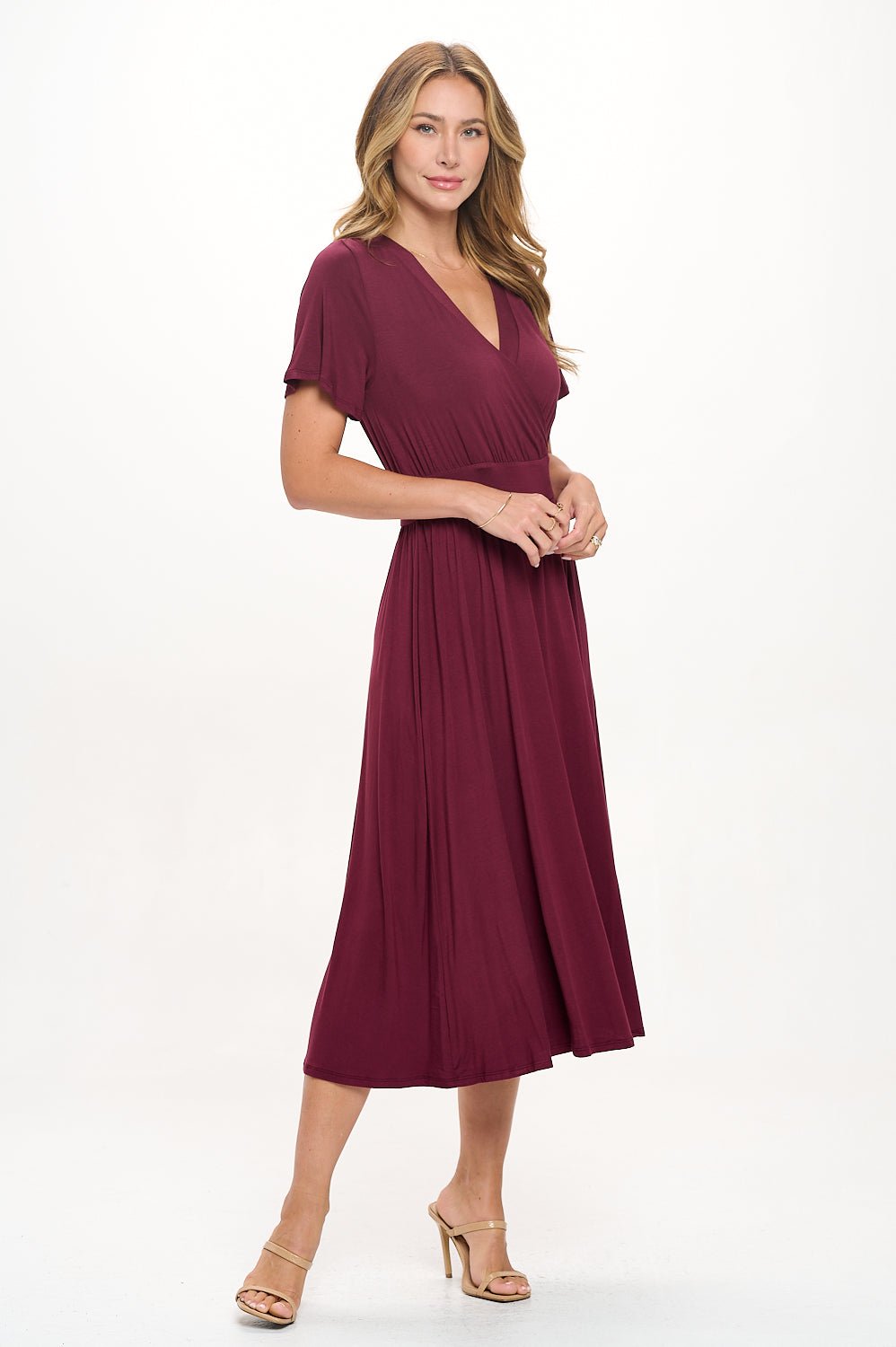 Image of West K Candace Short Flutter Sleeve Faux - Wrap Midi Dress Burgundy