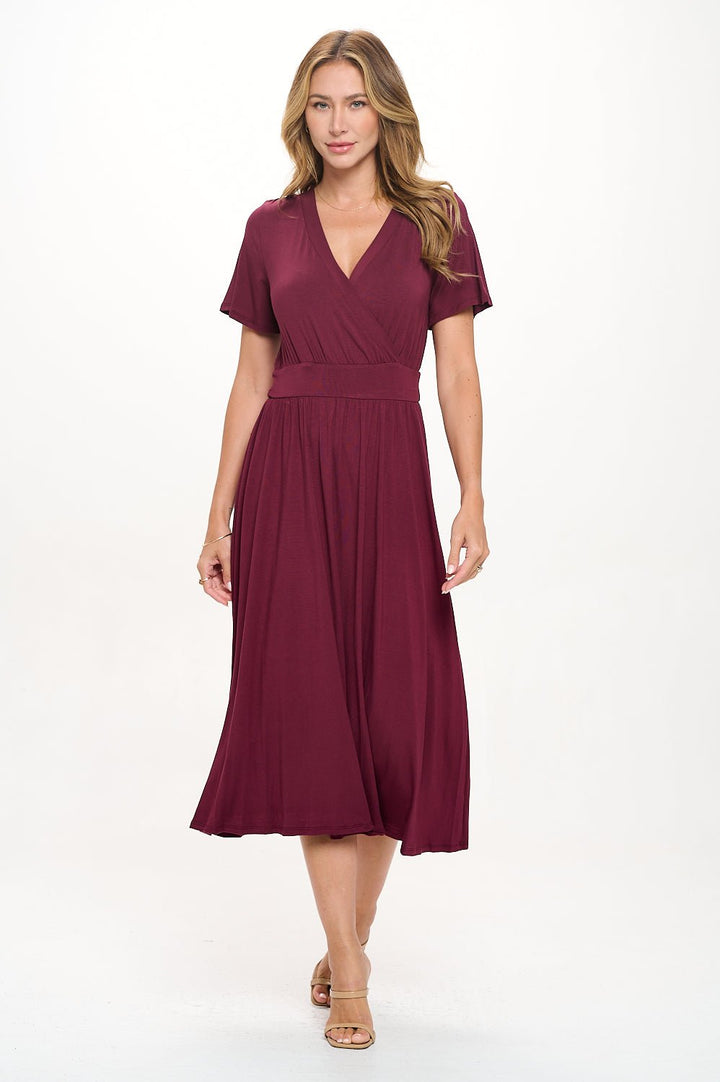 Image of West K Candace Short Flutter Sleeve Faux - Wrap Midi Dress Burgundy